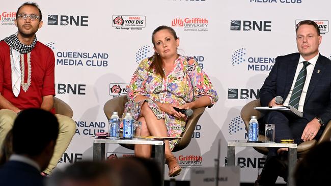 Greens candidate Jonathan Sriranganathan, Labor’s Tracey Price and incumbent Adrian Schinner at the Brisbane Lord Mayoral debate on Thursday. Picture: John Gass