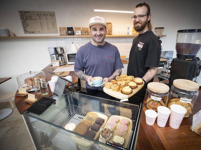 Dune Espresso owner Toby Burgess and barista Jack Sciortino at North Hobart. Picture: Chris Kidd