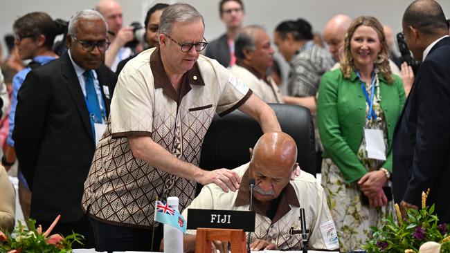 Australian Prime Minister Anthony Albanese greets Fiji PM Sitiveni Rabuka at the Pacific Islands Forum Leaders Meeting in Nuku'alofa, Tonga. Picture: AAP