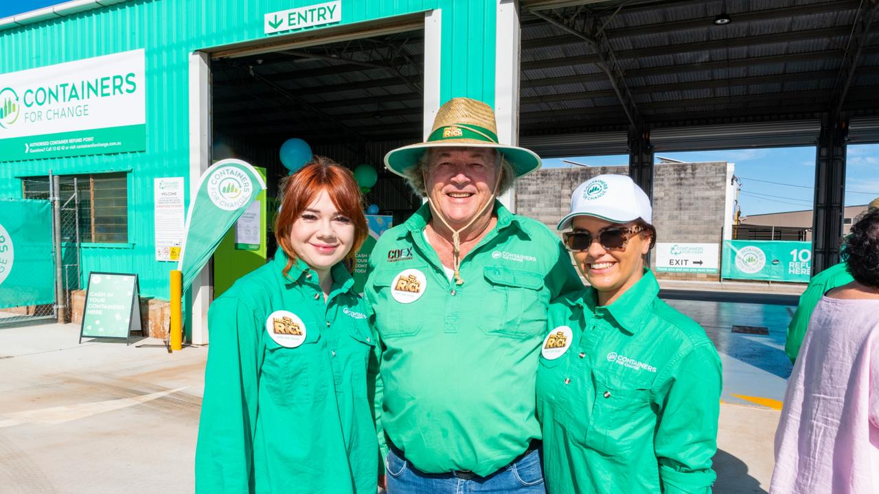 Media Adviser for Containers Exchange Lucinda Kent, Chairman of Containers Exchange Mark O’Brien, and Events Co-ordinator of Containers Exchange Danielle Pommer at the Harristown Containers for Change depot. Picture: Matt Ryan MRP Images