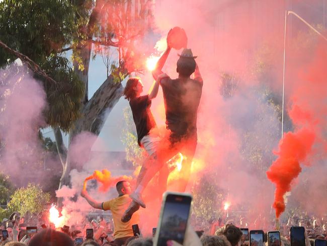 All the colour and action of people in Adelaide watching the Socceroos game at the Adelaide Oval. 4 December 2022. Picture Dean Martin