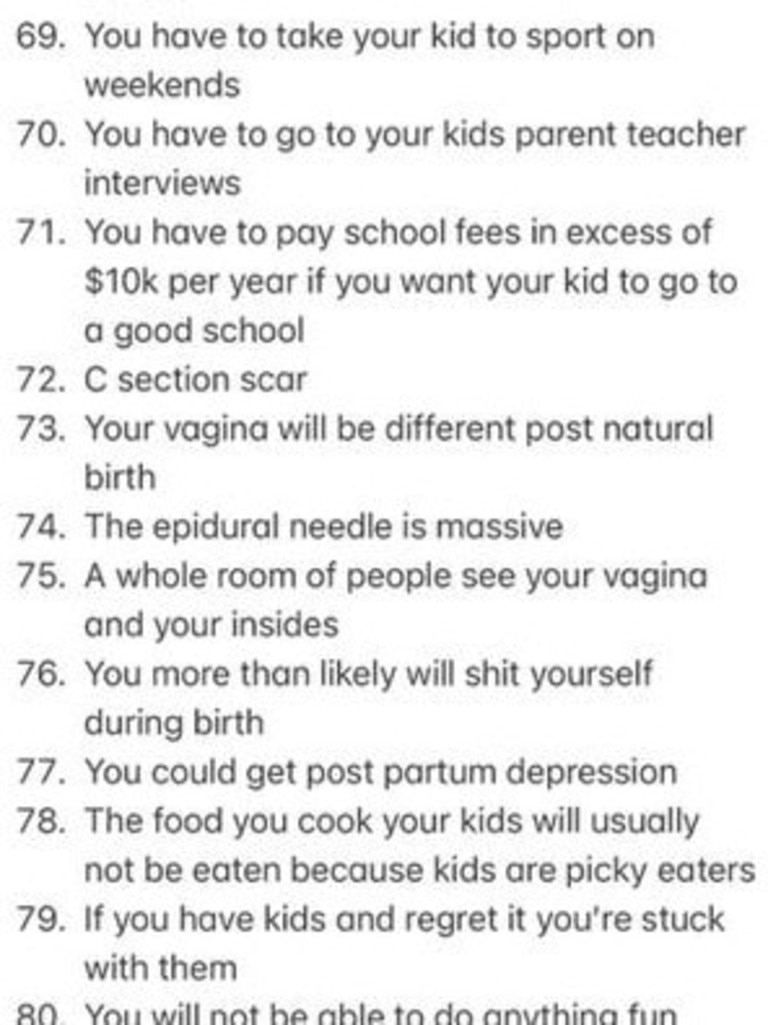 Gonsalves made a list of 118 reasons she doesn't want to have children after 'years of being asked why'. Picture: Instagram