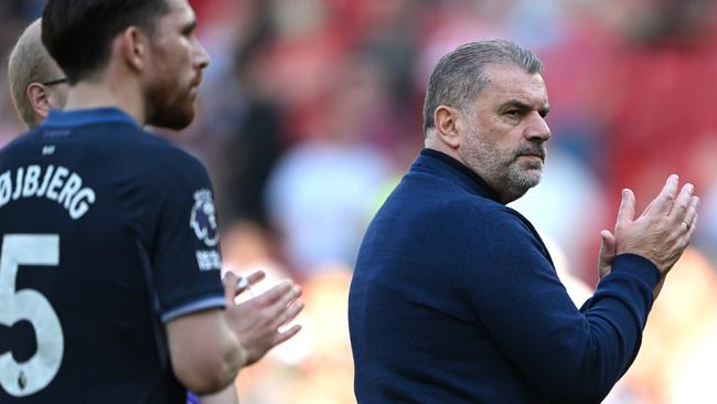 SHEFFIELD, ENGLAND - MAY 19: Spurs Head Coach Ange Postecoglou applauds the fans after the Premier League match between Sheffield United and Tottenham Hotspur at Bramall Lane on May 19, 2024 in Sheffield, England. (Photo by Stu Forster/Getty Images)