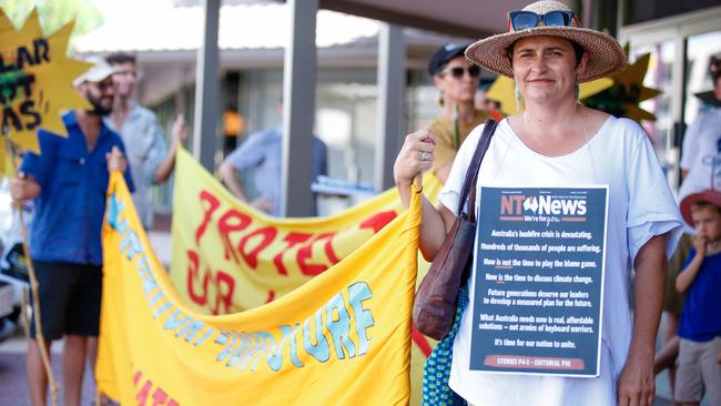 Jodie Minton at the fracking protest outside Eva Lawler’s electorate office. Picture: Glenn Campbell