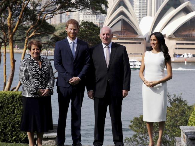 Britain's Prince Harry and Meghan, Duchess of Sussex with Australia's Governor-general Sir Peter Cosgrove and his wife Lady Cosgrove. Picture: Phil Noble/Pool via AP