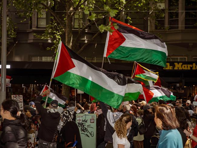 MELBOURNE, AUSTRALIA. NewsWire Photos. OCTOBER 6, 2024. A group of protesters wave Palestinian flags in MelbourneÃs city centre during a Pro-Palestine rally. The demonstration focused on Gaza and the Israeli occupation. Picture: NewsWire.