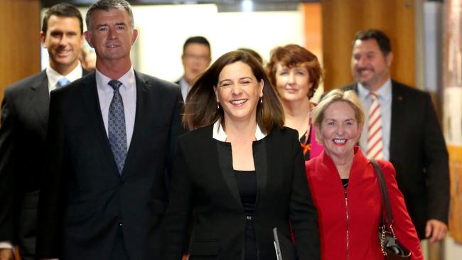 Deb Frecklington LNP leader, centre, before heading into an LNP meeting in the Undumbi room at Parliament House on Monday. Picture: Steve Pohlner