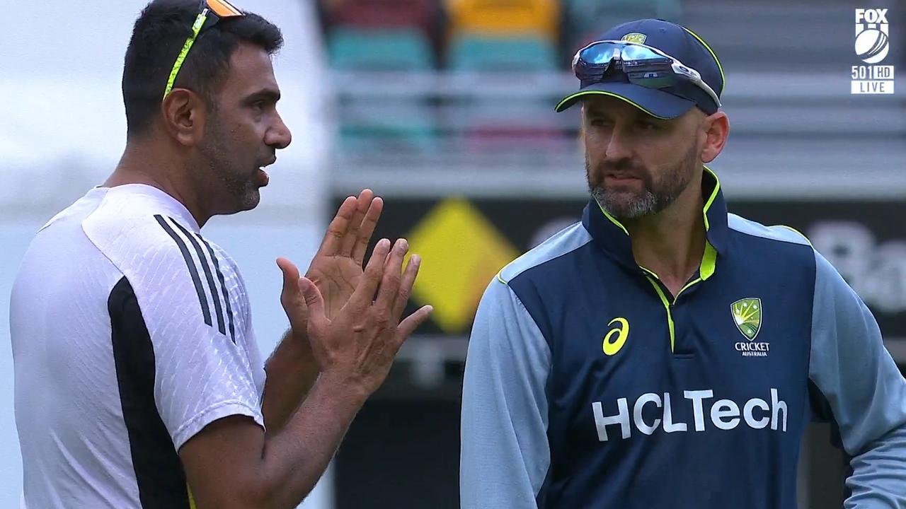 Ravi Ashwin chatting to Nathan Lyon at the Gabba. Photo: Fox Cricket.