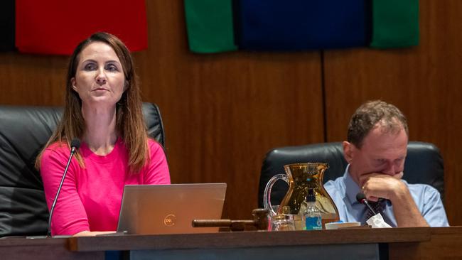 Cairns Regional Council Mayor Amy Eden and CEO John Andrejic during an ordinary Council meeting on June 5th. Picture Emily Barker.