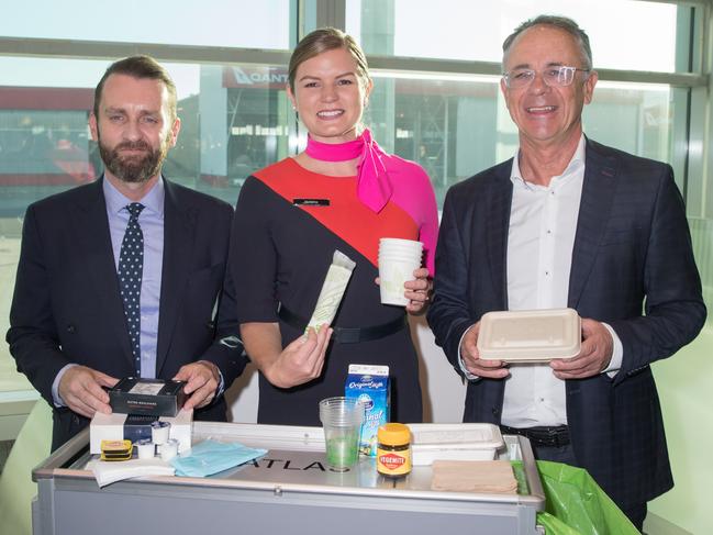 Qantas Group executive government and sustainability Andrew Parker, crew member Maddy Rowcliff and Qantas Domestic CEO Andrew David.