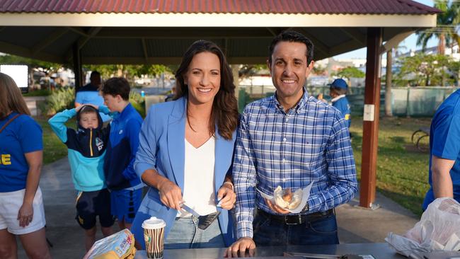 LNP Opposition leader David Crisafulli began election day 2024 at Nerang's Bischoff Park with Gaven candidate Bianca Stone. Picture: Supplied by LNP