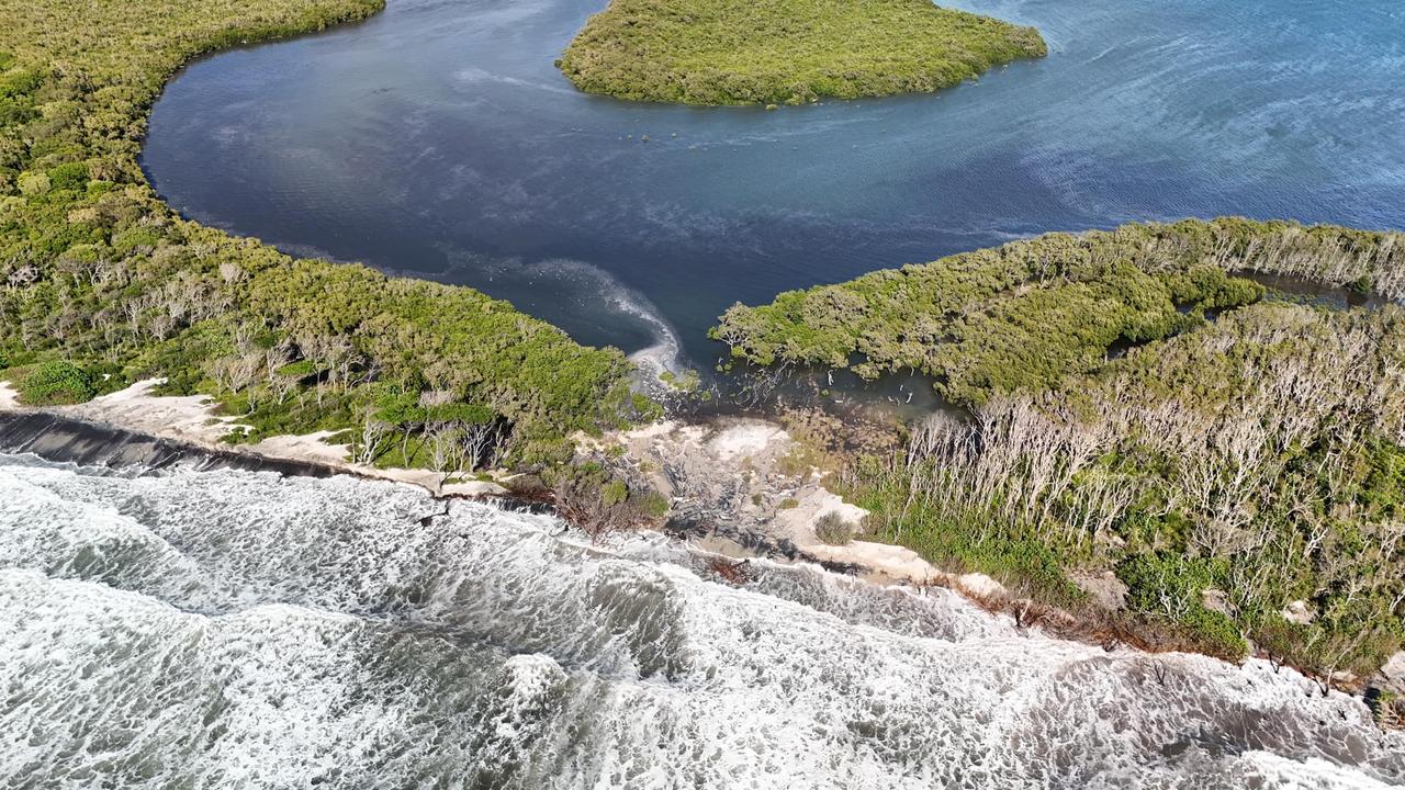 Drone shots attached of the area where water has flowed over Bribie Island and where the next breakthrough could happen. Photos: Shane T Reynolds