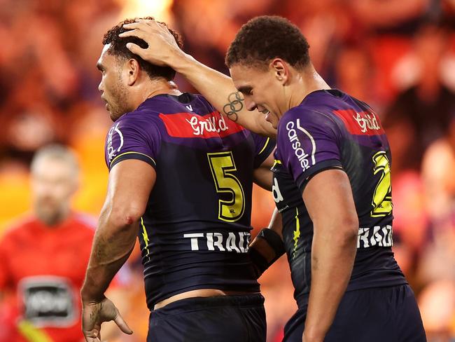 Melbourne will use height to their advantage in the 2024 grand final, with Xavier Coates (left) and with William Warbrick (right) having size on their Panthers rivals. Picture: Getty Images