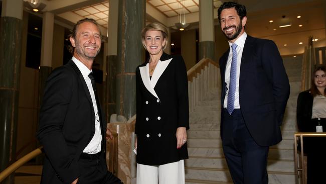 Restaurateur Justin Hemmes (left) with Senator Michaelia Cash and businessman Ryan Stokes at Parliament House Canberra in May. Picture: Jane Dempster