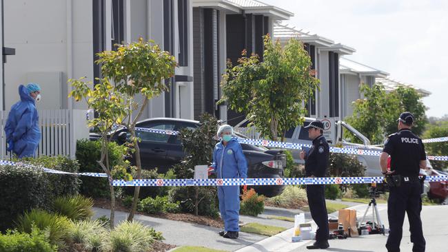 Police at Bowden’s house on Monday, about 30km north of central Gold Coast. Picture: Courier Mail