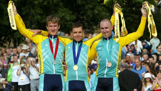 Time trial medallists (from left) Michael Rogers, Cadel Evans and Nathan O'Neill. Picture: Leon Mead