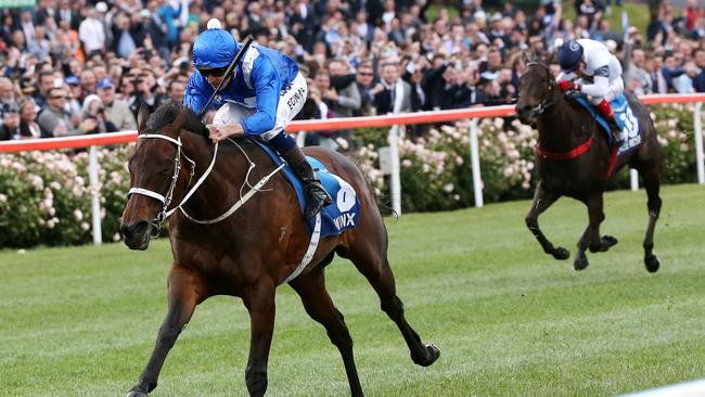 Winx leaves her rivals behind as she makes it back-to-back victories in the Cox Plate. Picture: George Salpigtidis