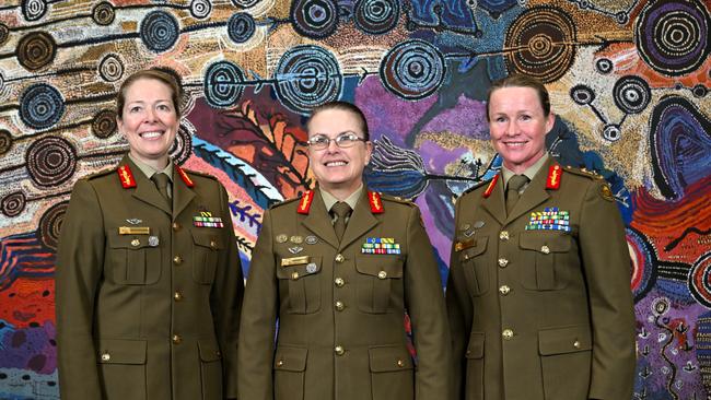 National Cyber Security Coordinator Lieutenant General Michelle McGuinness, left, Chief of Personnel Lieutenant General Natasha Fox and Forces Command Major General Susan Coyle in Canberra on Tuesday. Picture: AAP