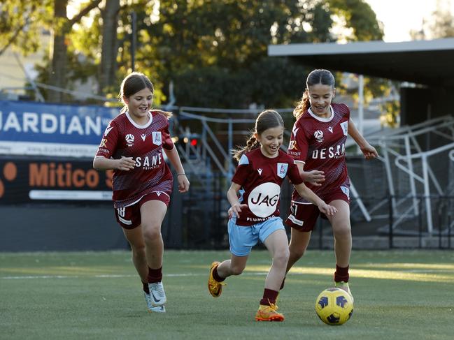 Junior soccer stars in the making Chloe Spresian, 11, Lily Spresian, 8, and Millie Bivona, 11. Picture: Jonathan Ng