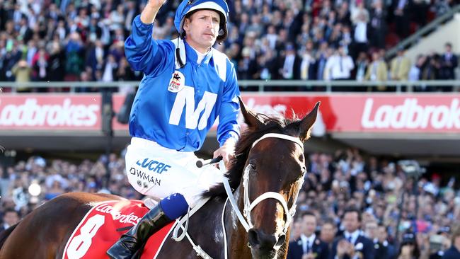 Hugh Bowman salutes the crowd after riding Winx to victory in the Cox Plate.
