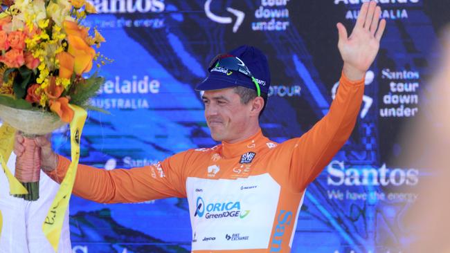 24/01/16 - Orica GreenEDGE rider Simon Gerrans celebrates after winning the 2016 Tour Down Under in Adelaide for a fouth time. Photo Tom Huntley