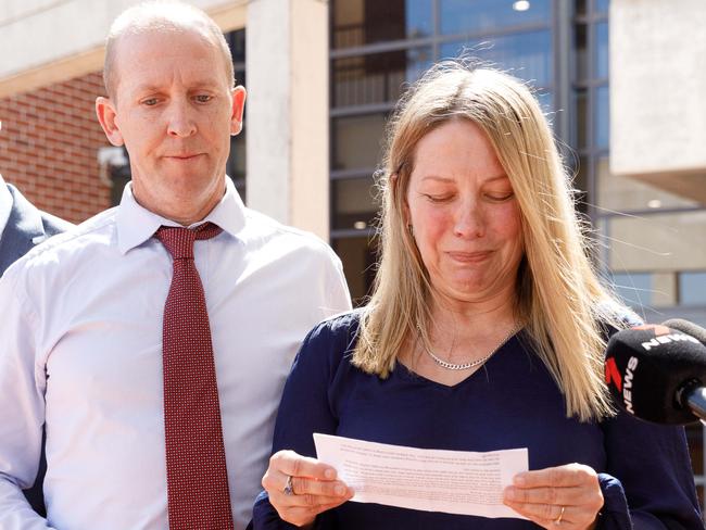 Geoff and Michelle Millen read a statement outside court after bus driver Penina Lopesi was jailed for just 12 months after killing their son Cameron. Picture: Max Mason-Hubers