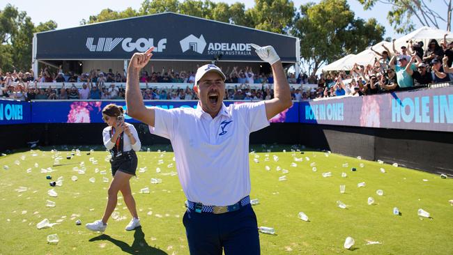 Chase Koepka of Smash GC makes a hole-in-one on the 12th hole during the final round of LIV Golf Adelaide last year. Picture: Jon Ferrey/LIV Golf