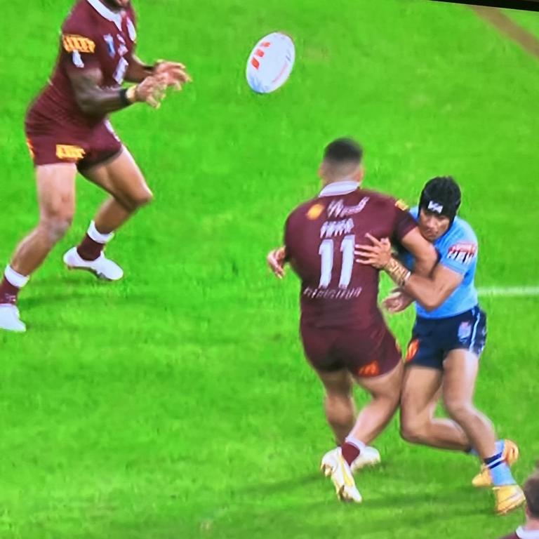 David Fifita’s dubious pass for the Maroons’ second try.