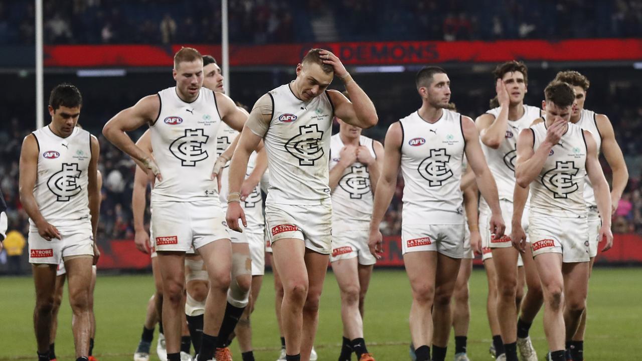 The Blues walk off the ground on Saturday night. Picture: Darrian Traynor/Getty Images