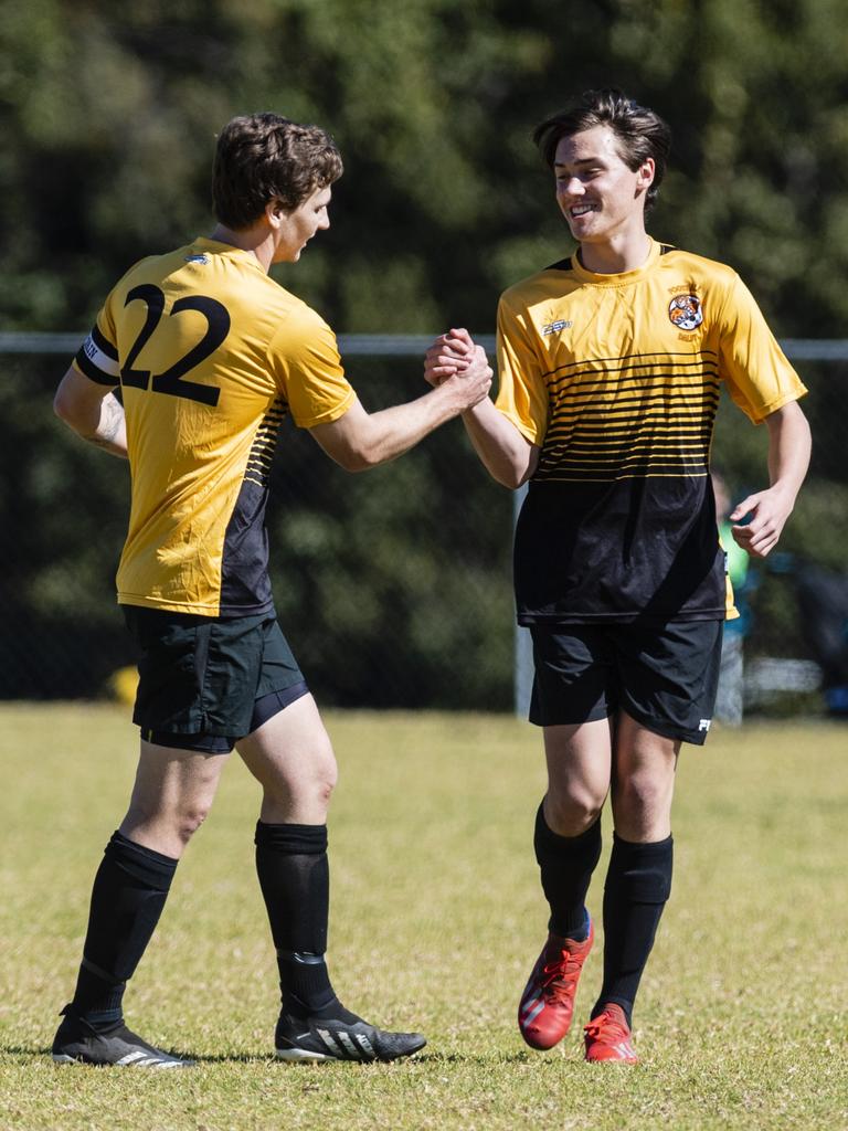 Dalby Tigers celebrate a goal against Willowburn in Div 2 Men FQ Darling Downs Presidents Cup football at West Wanderers, Sunday, July 24, 2022. Picture: Kevin Farmer