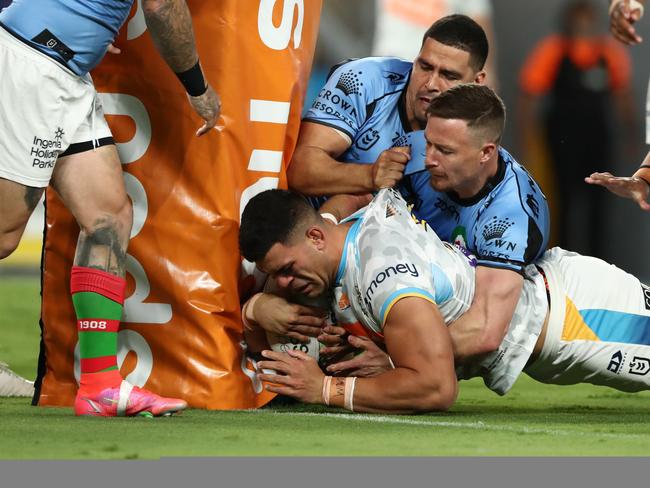 Fifita showed great strength to hold his ball-carrying arm off the ground scoring this try. Picture: Jason O’Brien/NRL Photos