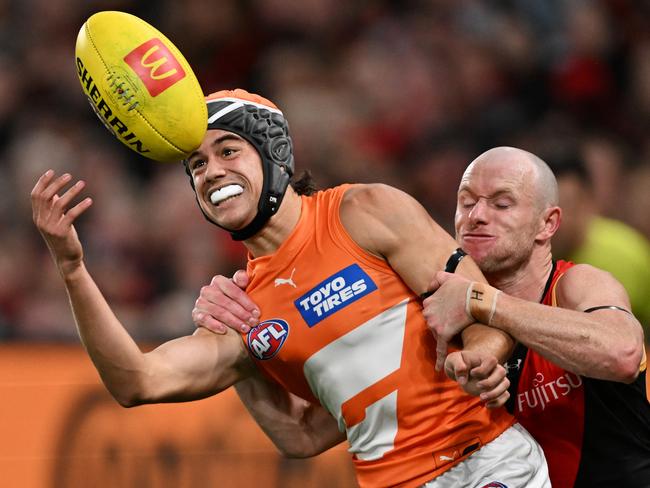 The Bombers’ relentless pressure made it hard for the Giants to transition effectively into attack. Picture: Daniel Pockett/AFL Photos/via Getty Images