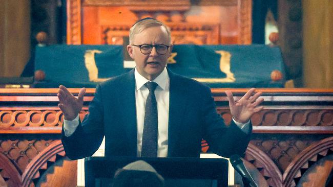 Anthony Albanese at Melbourne’s St Kilda Hebrew Congregation on Wednesday. Picture: Jason Edwards