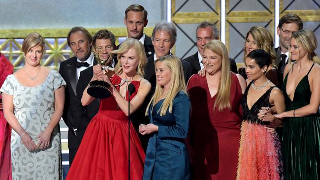 Papandrea, third from right, with the cast and crew of Big Little Lies accepting an Emmy award for Outstanding Limited Series in 2017. Picture: Getty Images