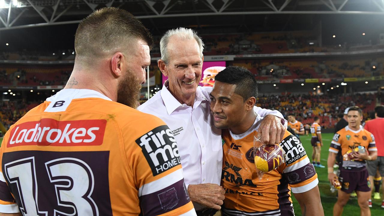 Broncos coach Wayne Bennett embraces Anthony Milford of the Broncos during the Round 25 NRL match between the Brisbane Broncos and the Manly-Warringah Sea Eagles at Suncorp Stadium in Brisbane, Sunday, September 2, 2018. (AAP Image/Dave Hunt) NO ARCHIVING, EDITORIAL USE ONLY