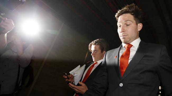 Toby Greene leaves the AFL tribunal hearing on Tuesday.