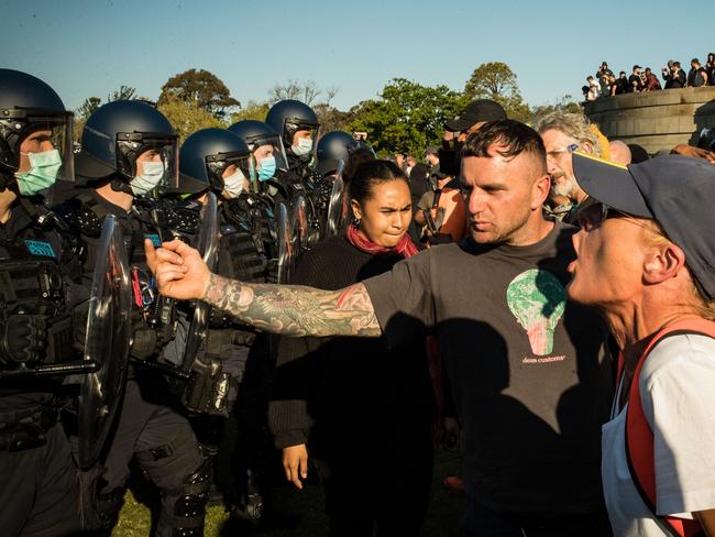 Police and protesters clash at the Shrine of Remembrance in Melbourne, Australia. Picture: Getty Images