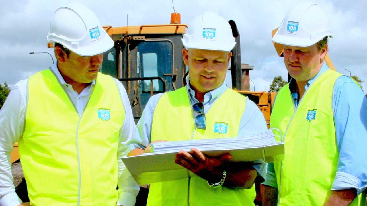 Ray White's Brent Higgins, Hutchinson Builders  project manager Steve Hodgins and Moko's Greg Tuckwell on site at the Moko mixed-use residential and commercial project at Oceanside Birtinya. Picture: Erle Levey