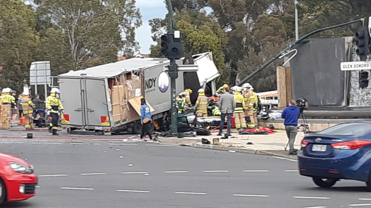 A serious crash at the Toll Gate intersection of Glen Osmond and Portrush Rds where a truck crashed into multiple cars. Picture: Lynton Grace