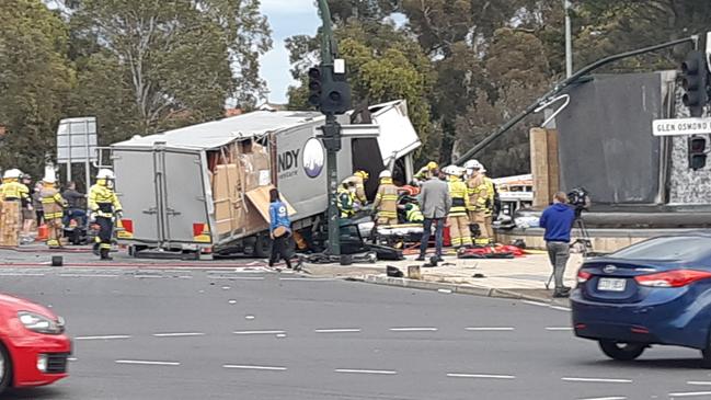 A serious crash at the Toll Gate intersection of Glen Osmond and Portrush Rds where a truck crashed into multiple cars. Picture: Lynton Grace
