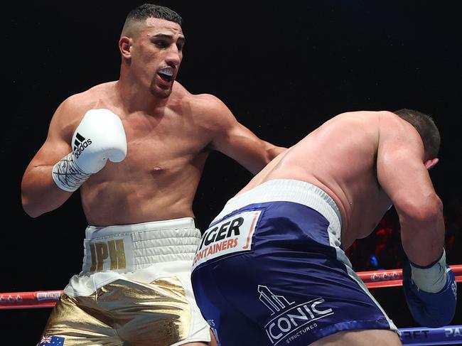 Pictured are boxers Paul Gallen and Justis Huni in their bout for the Australian Heavyweight Title held at the ICC in Sydney.Picture: Richard Dobson