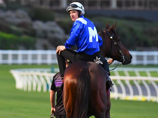 Hugh Bowman rides Winx out on to the track during Breakfast with the Best at Moonee Valley. Picture: Vince Caligiuri/Getty