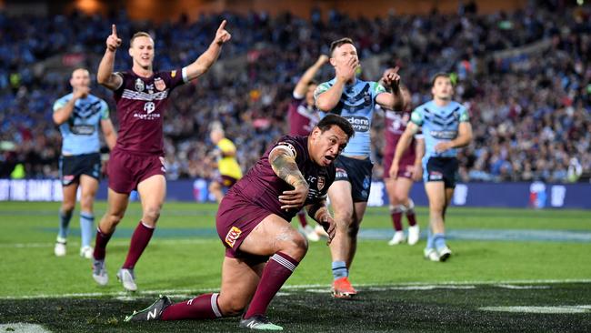 Josh Papalii of the Maroons celebrates after scoring a try