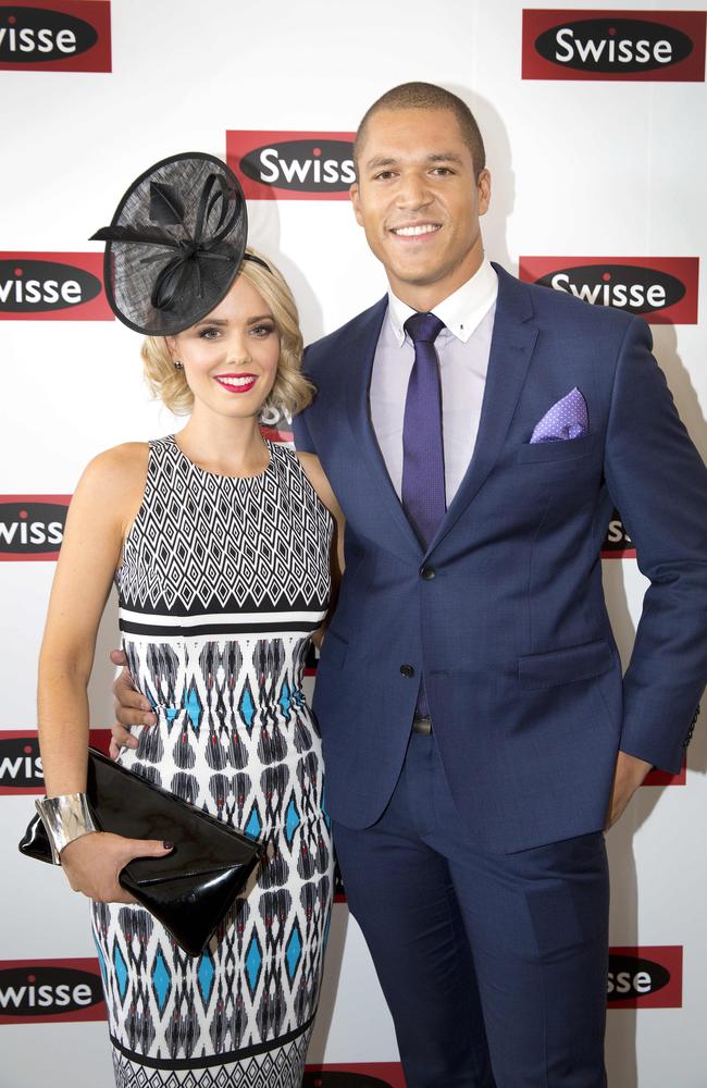 The Bachelor's Louise Pillidge and Blake Garvey at the Swisse Marquee at the Melbourne Cup Day 2014 at Flemington. Picture: Nathan Dyer