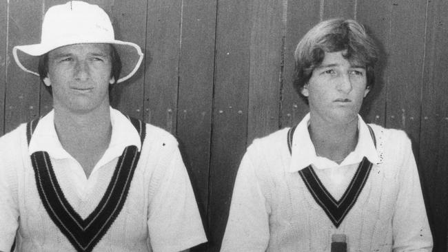 Australian under-19 cricketers twin brothers Steve (l) and Mark Waugh, then 18, pensively waiting for their turn to bat, 01 Mar 1984.