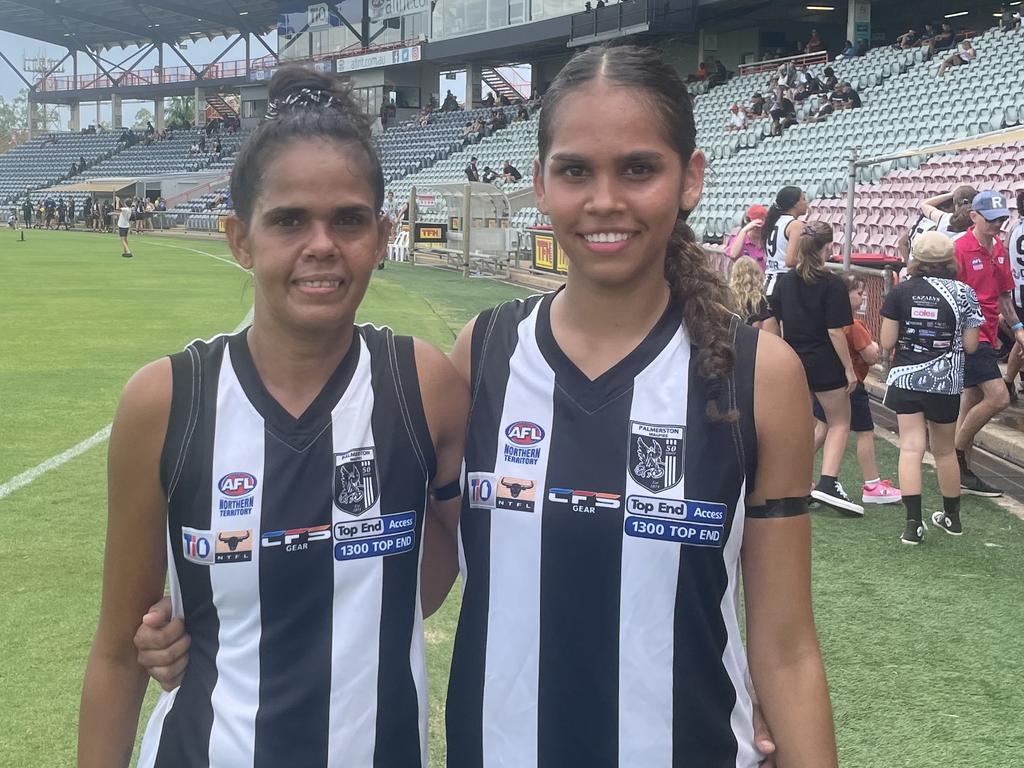 Tatyana Perry, with her mother Hayley Davey, kicked three goals on debut in the Women's Premier League. Picture: Ben Cameron.