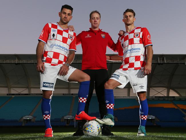 Andrew Barisic and Griffin Libhart with coach Grae Piddick (centre) ahead of Tuesday night’s FFA Cup Round of 32 clash with the Newcastle Jets. Picture: Glenn Hampson