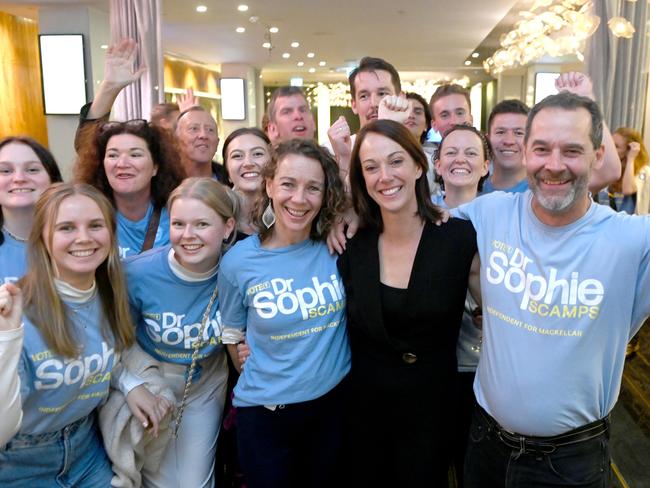 Sophie Scamps celebrates her win in the seat of Mackellar at the Dee Why RSL in May 2022. Picture: Jeremy Piper