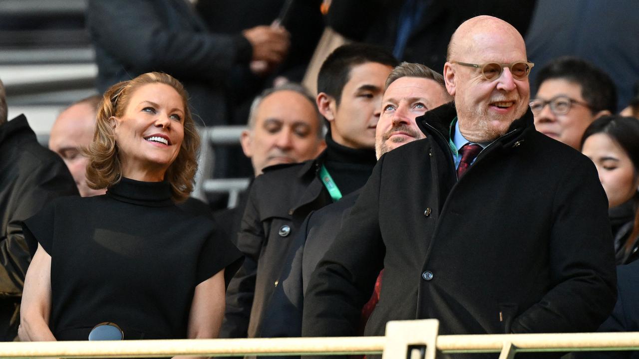 Newcastle United's English minority owner Amanda Staveley (L) and Manchester United's US co-chairman Avram Glazer (R) wait in the stands for kick off ahead of the English League Cup final football match between Manchester United and Newcastle United at Wembley Stadium, northwest London on February 26, 2023. (Photo by Glyn KIRK / AFP) / RESTRICTED TO EDITORIAL USE. No use with unauthorised audio, video, data, fixture lists, club/league logos or 'live' services. Online in-match use limited to 120 images. An additional 40 images may be used in extra time. No video emulation. Social media in-match use limited to 120 images. An additional 40 images may be used in extra time. No use in betting publications, games or single club/league/player publications. /