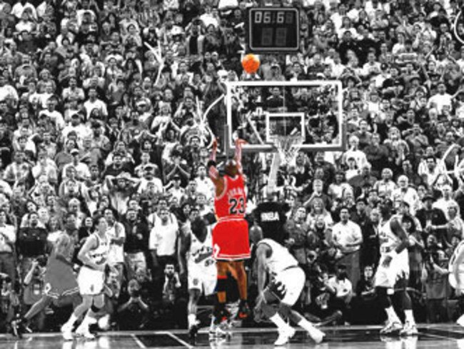 Michael Jordan pictured taking the last shot of his Bulls career